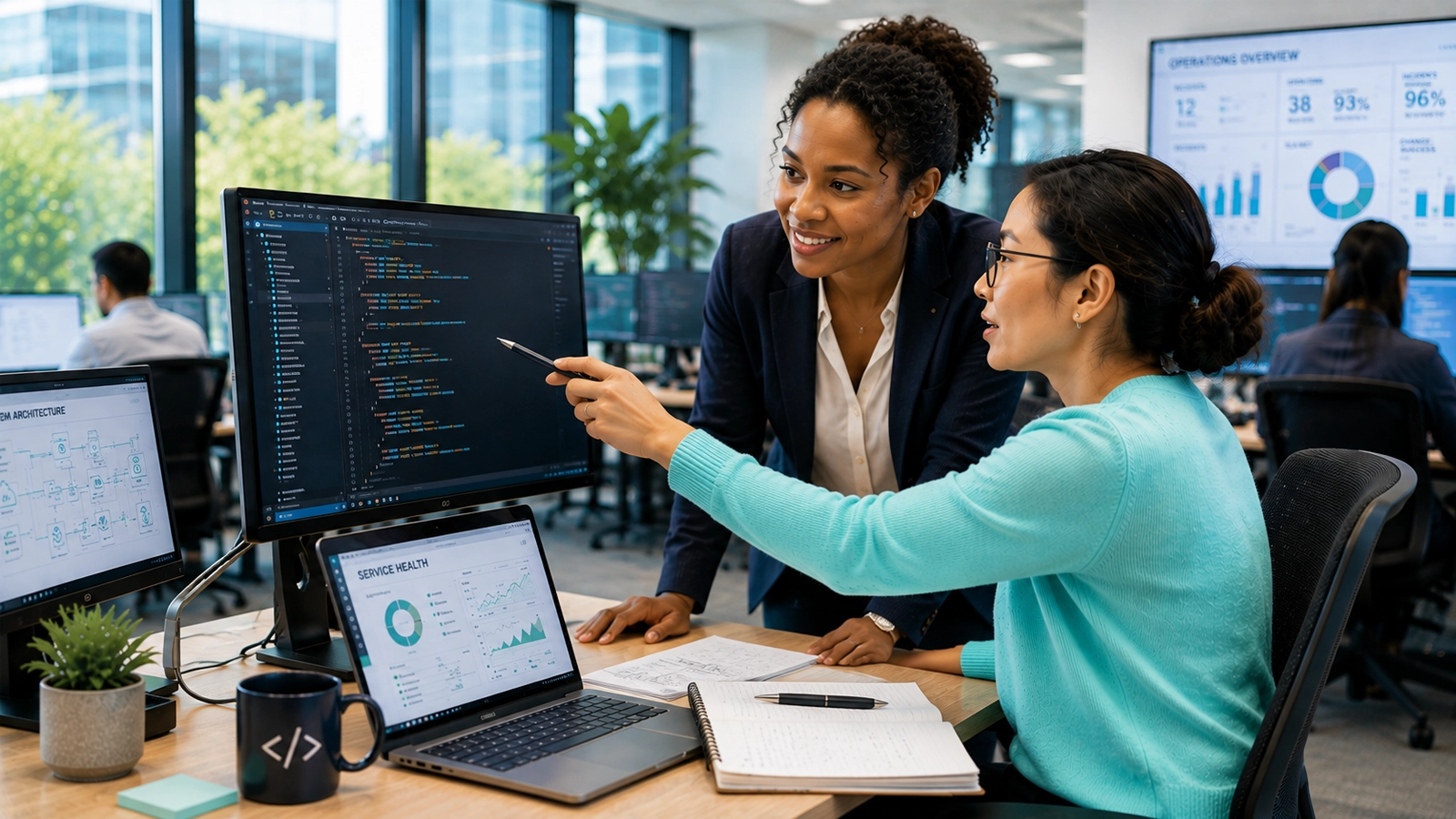 Technology professionals reviewing application code and system performance