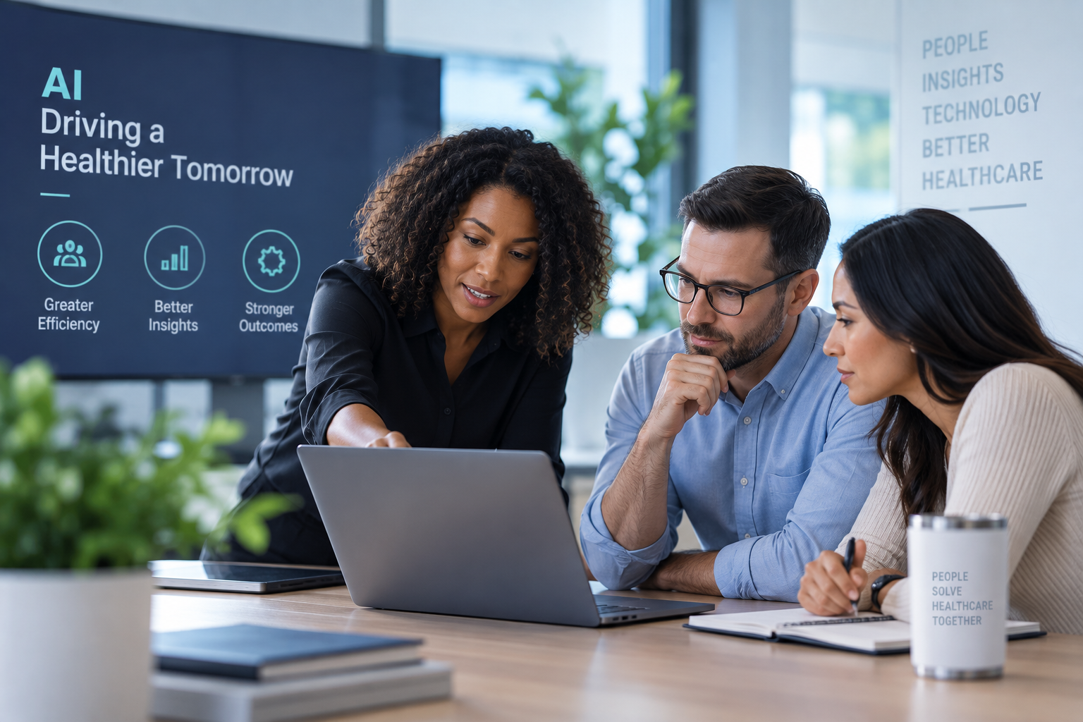 Healthcare professionals collaborating on artificial intelligence applications in a modern office environment.