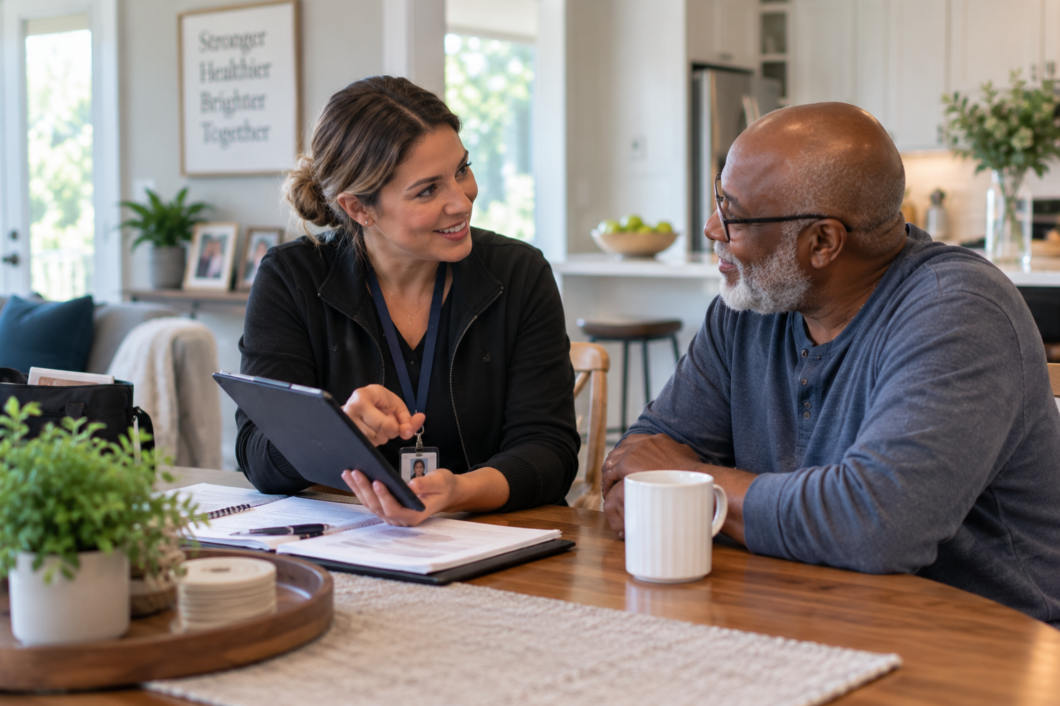 Case manager reviewing care information with an older adult during an in-home visit.