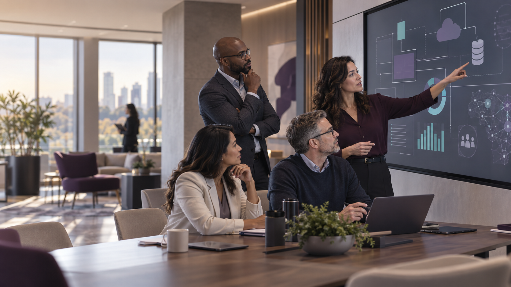 Healthcare technology professionals collaborating around a digital system architecture display.